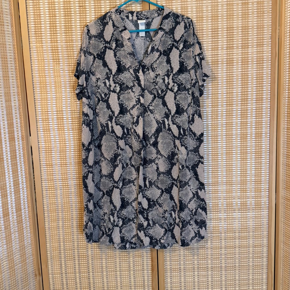 HM Snakeskin Print Shift Dress Womens Large Grey Black Short Sleeve V-Neck Mini